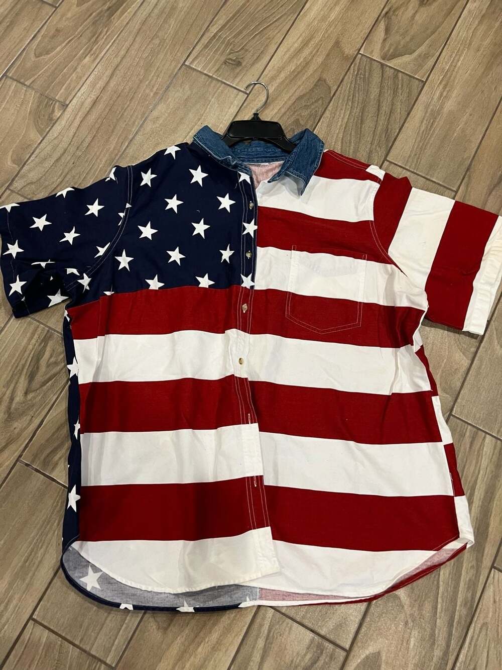 Vintage American Flag Stars and Stripes Short Sleeve Button Down Shirt with Deni